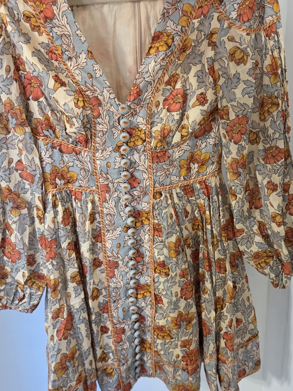 Floral Button-Front Puff Sleeve Women's Top - Blue, Coral & Yellow
